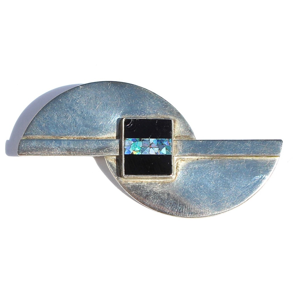 Vintage Great Falls Metal Works Opal & Onyx Sterling Silver Brooch Modernist Pin